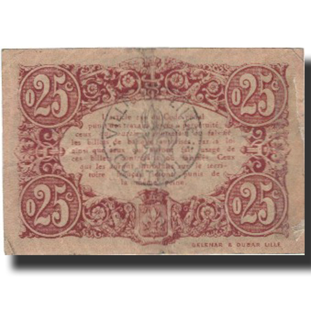 France, Lille, 25 Centimes, 1917, VF(30-35), Pirot:59-1621