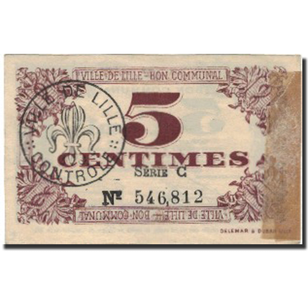 France, Lille, 5 Centimes, 1917, AU(50-53), Pirot:59-1630