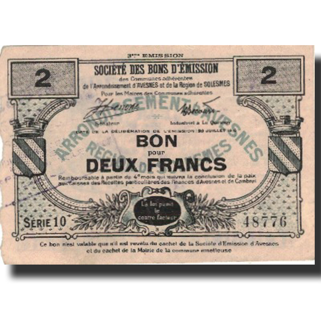 Francia, Avesnes, 2 Francs, 1916, SPL-, Pirot:59-208