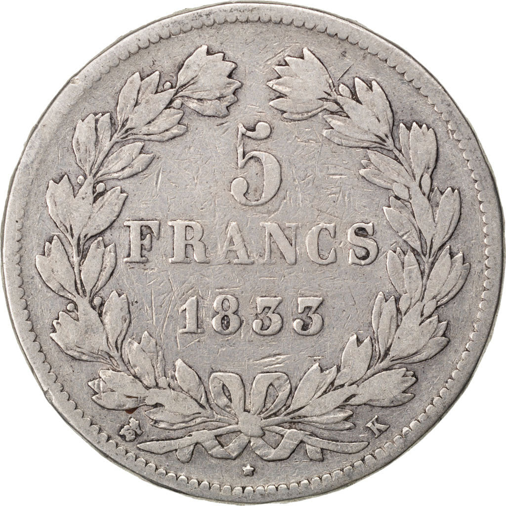 FRANCE, Louis-Philippe, 5 Francs, 1833, Bordeaux, KM #749.7, VF(20-25), Silver,.