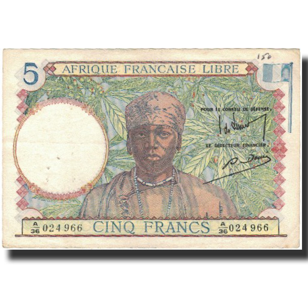 Banknote, French Equatorial Africa, 5 Francs, Undated (1942), KM:6a, AU(50-53)