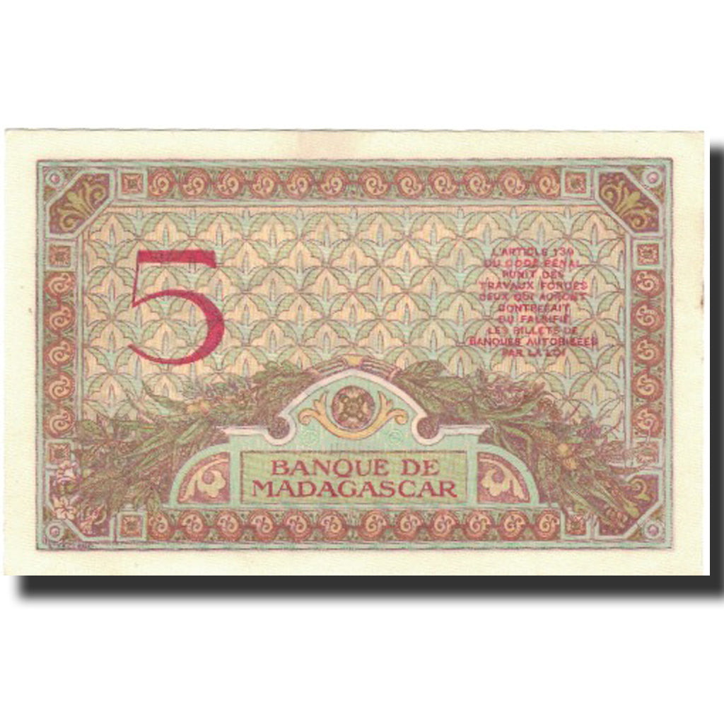 Biljet, Madagascar, 5 Francs, 1937, KM:35, SPL
