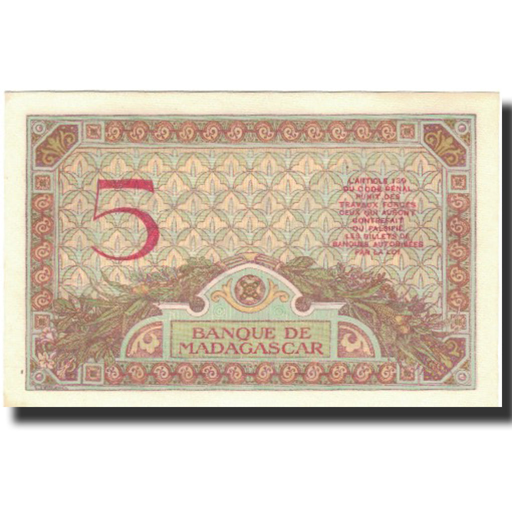 Billet, Madagascar, 5 Francs, 1937, KM:35, SPL