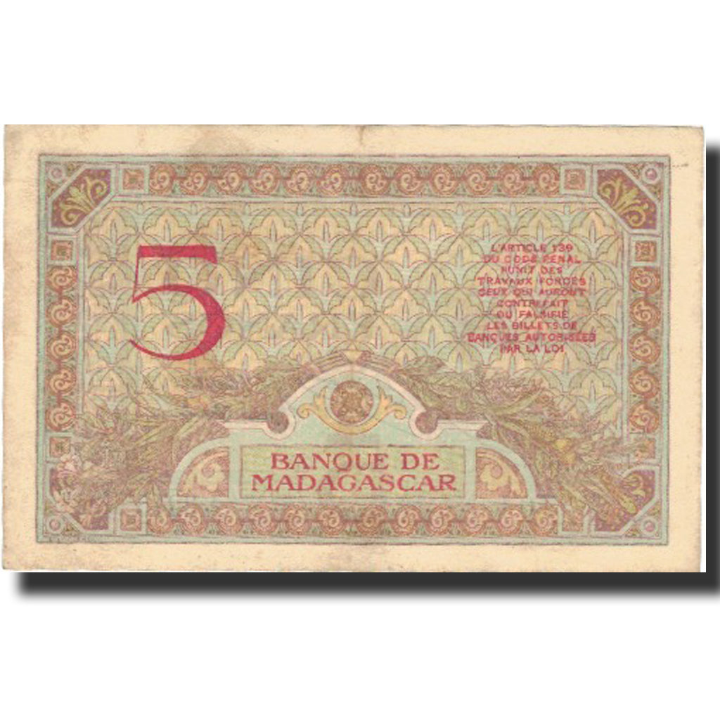 Billet, Madagascar, 5 Francs, 1937, KM:35, SUP