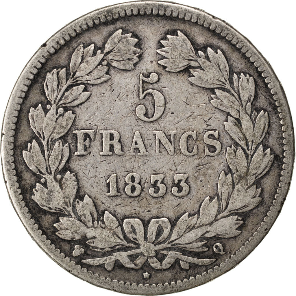 FRANCE, Louis-Philippe, 5 Francs, 1833, Perpignan, KM #749.11, VF(20-25),...