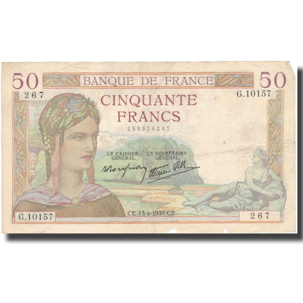 Frankreich, 50 Francs, Cérès, 1939, 1939-04-13, SGE+, Fayette:18.25, KM:85b