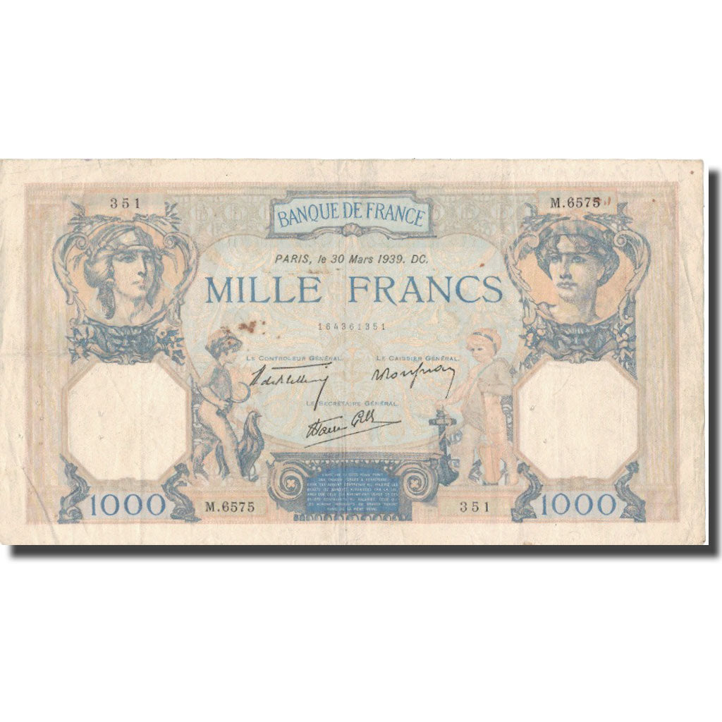 France, 1000 Francs, Cérès et Mercure, 1939, 1939-03-30, VF(20-25)