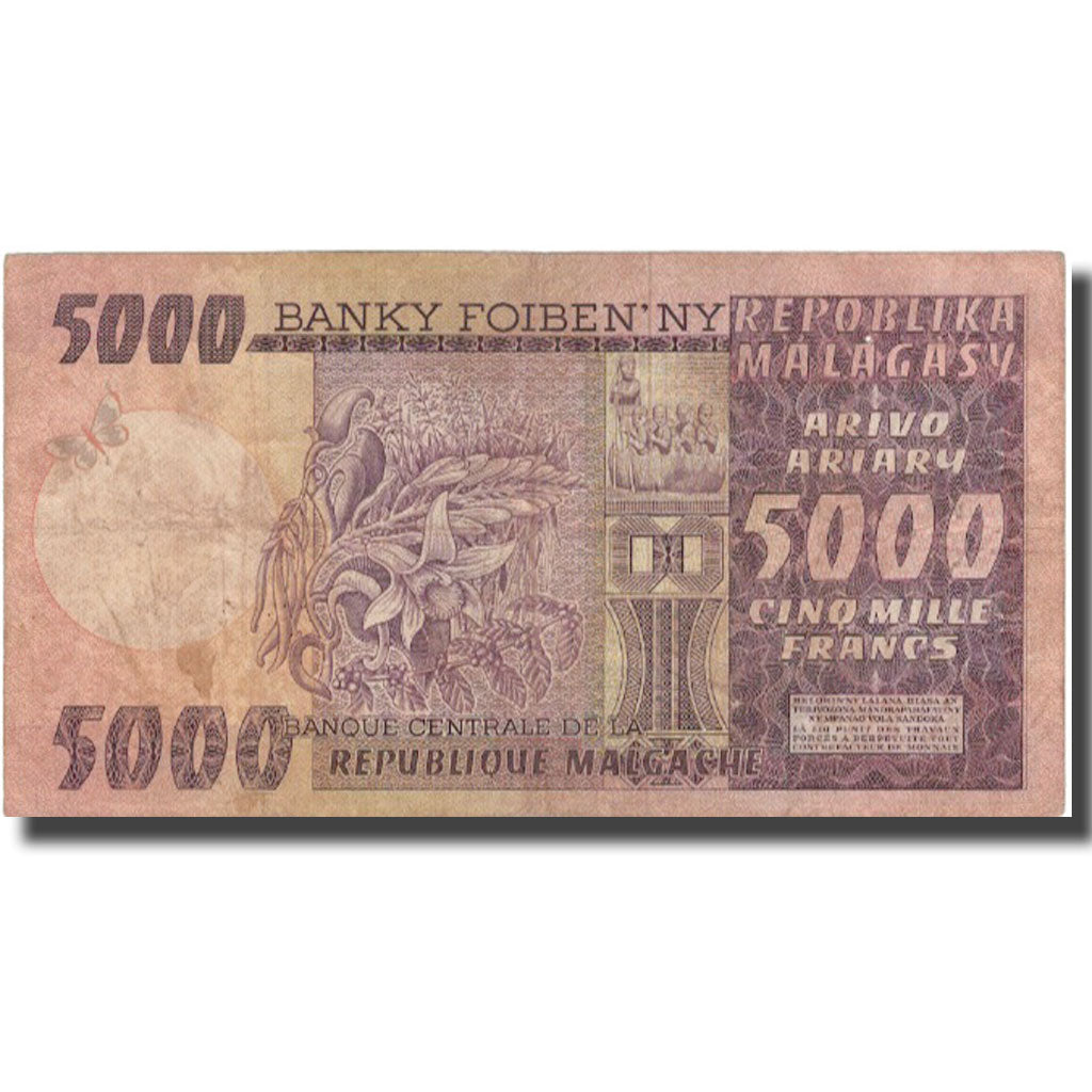 Biljet, Madagascar, 5000 Francs = 1000 Ariary, KM:66a, TB
