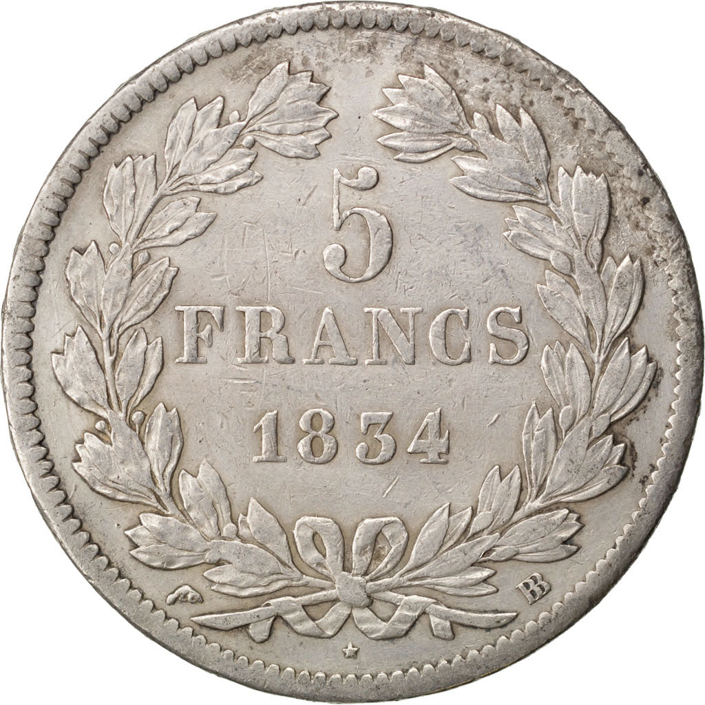 Coin, France, Louis-Philippe, 5 Francs, 1834, Strasbourg, EF(40-45), Silver