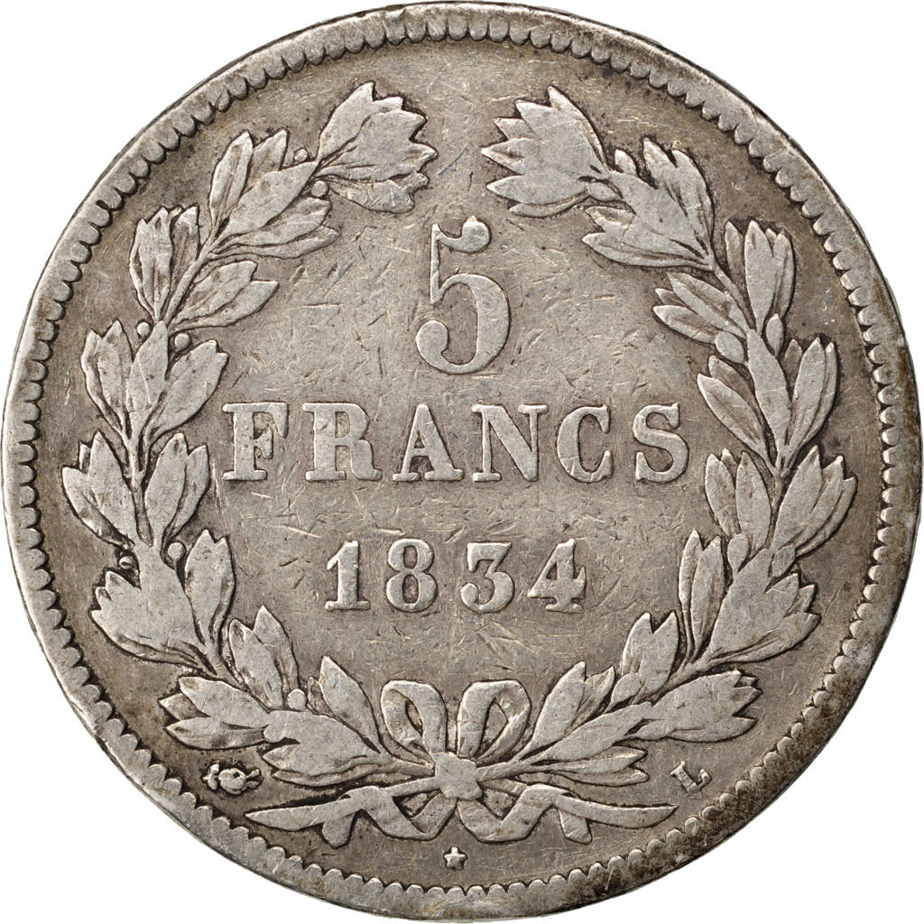 FRANCE, Louis-Philippe, 5 Francs, 1834, Bayonne, KM #749.8, VF(20-25), Silver,..