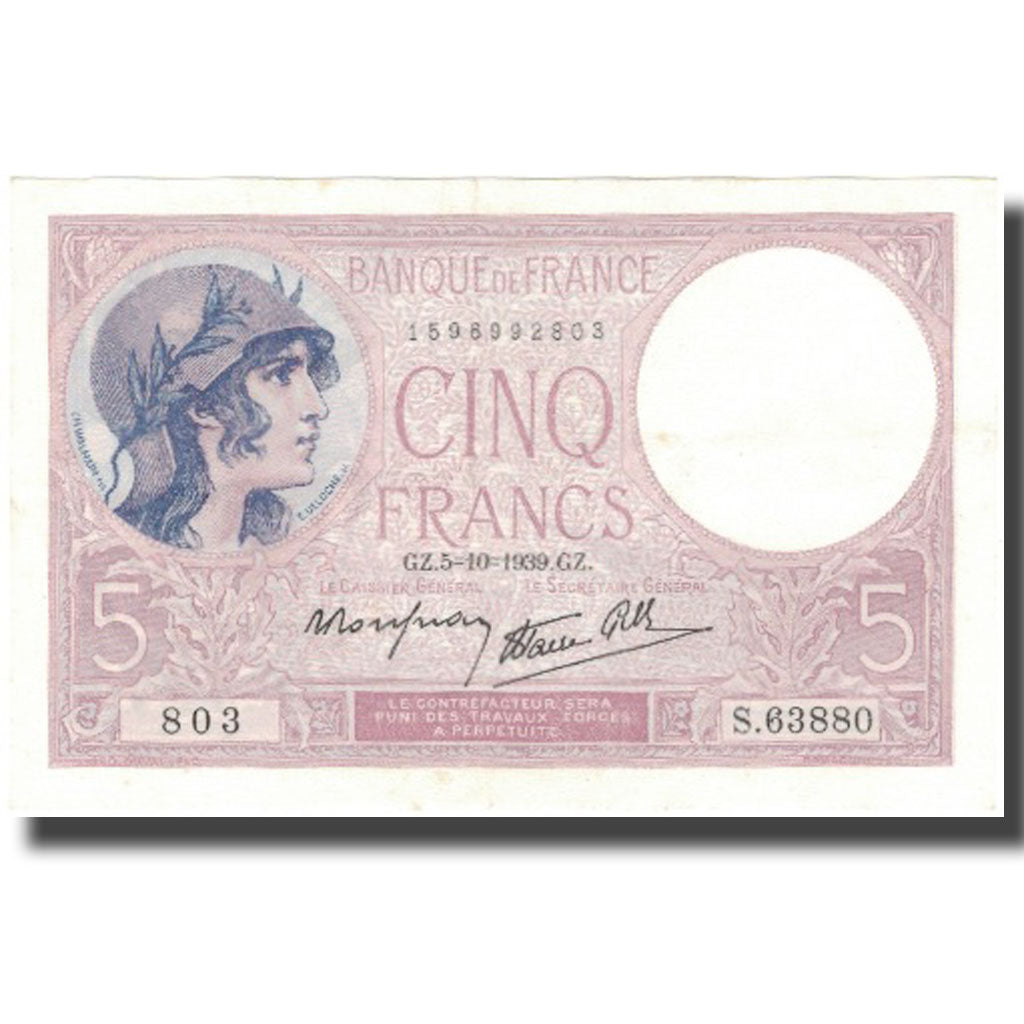 França, 5 Francs, Violet, 1939, 1939-10-05, UNC(63), Fayette:4.11, KM:83