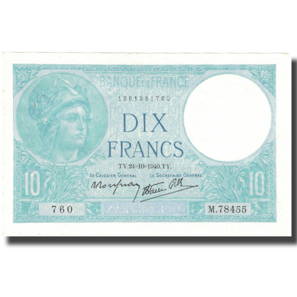 France, 10 Francs, Minerve, 1940, 1940-10-24, UNC(63), KM:84