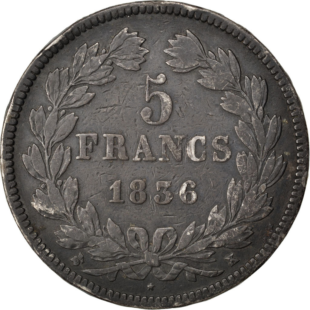 FRANCE, Louis-Philippe, 5 Francs, 1836, Bordeaux, KM #749.7, VF(20-25), Silver,.