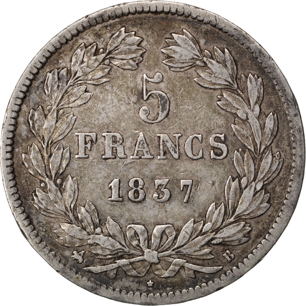 Coin, France, Louis-Philippe, 5 Francs, 1837, Rouen, EF(40-45), Silver