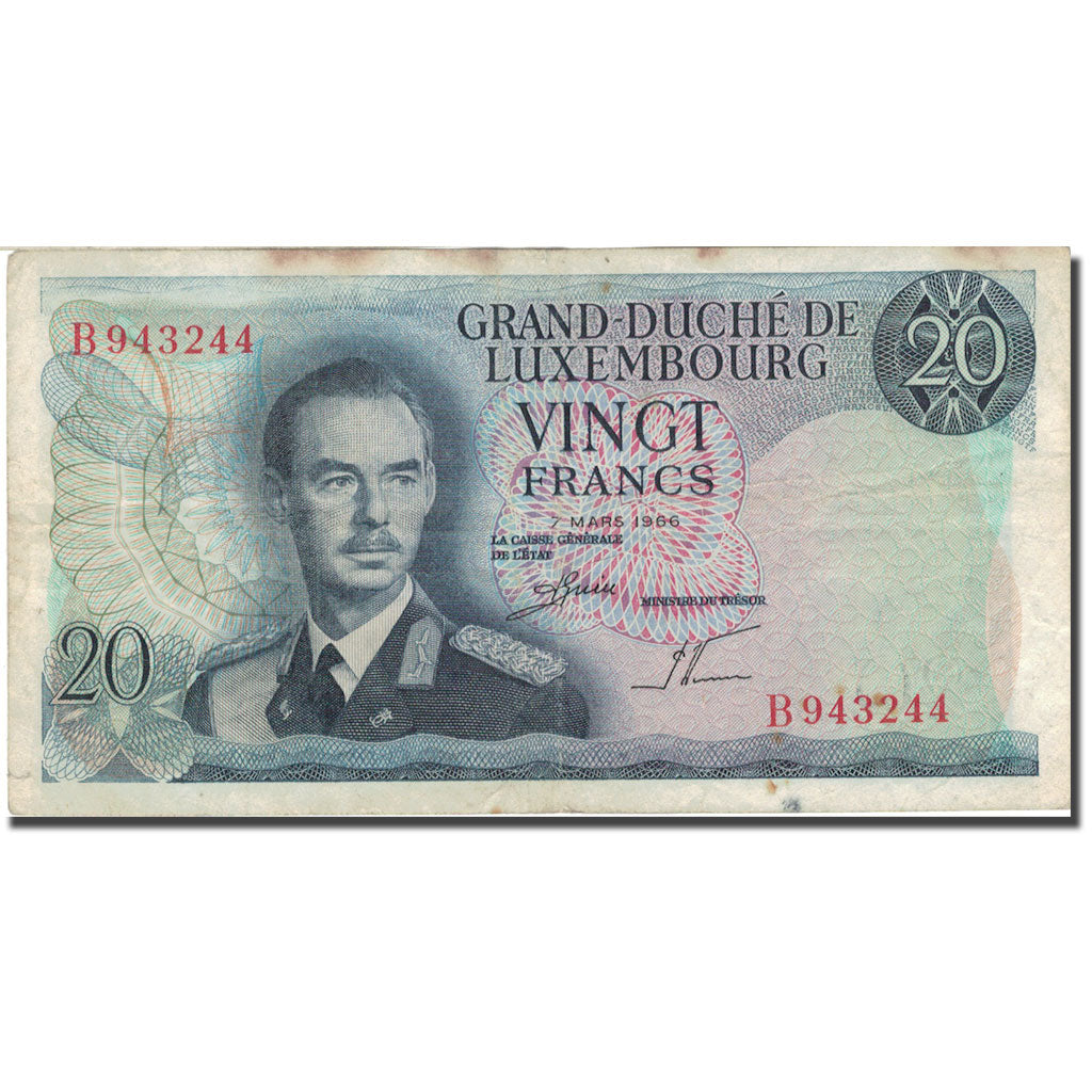 Banknote, Luxembourg, 20 Francs, 1966, 1966-03-07, KM:54a, VF(20-25)