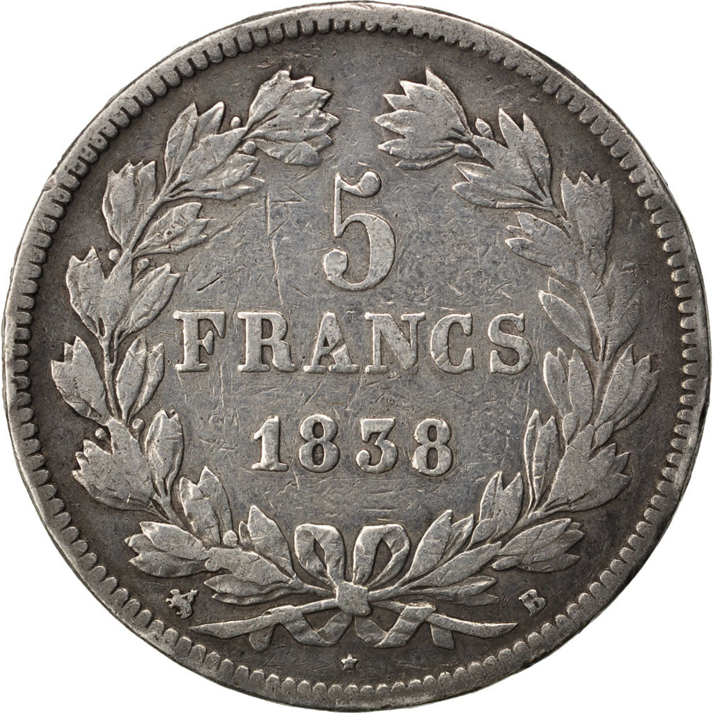 FRANCE, Louis-Philippe, 5 Francs, 1838, Rouen, KM #749.2, VF(20-25), Silver,...