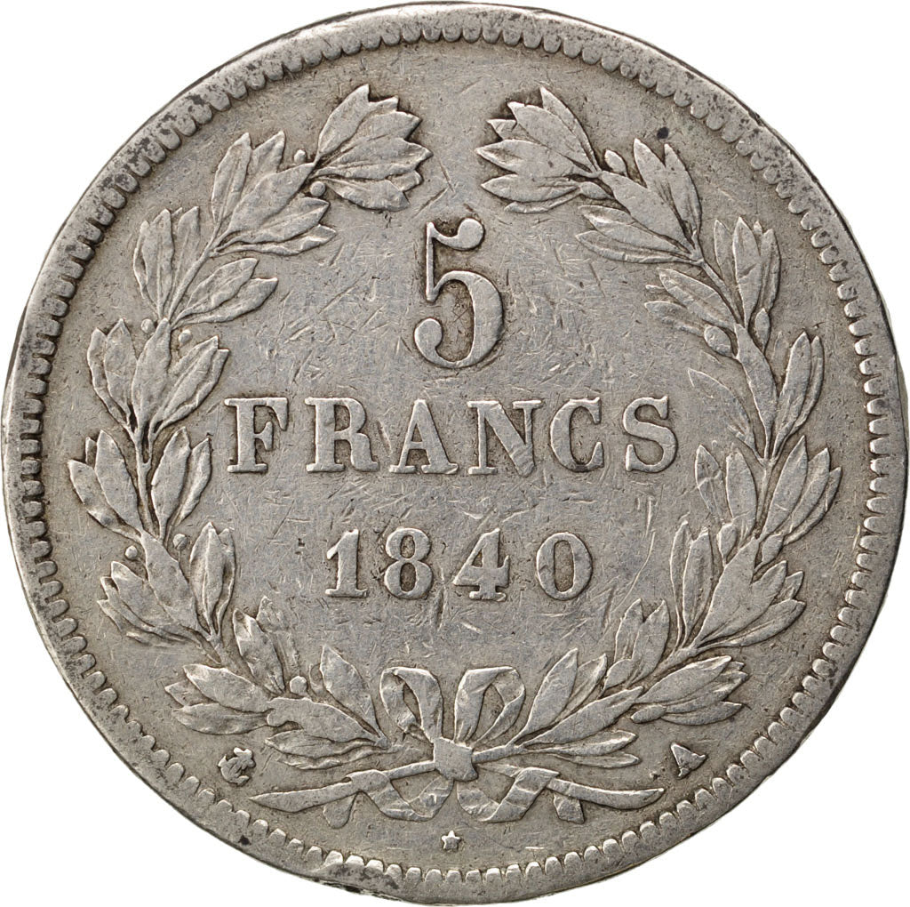 FRANCE, Louis-Philippe, 5 Francs, 1840, Paris, KM #749.1, VF(30-35), Silver,...