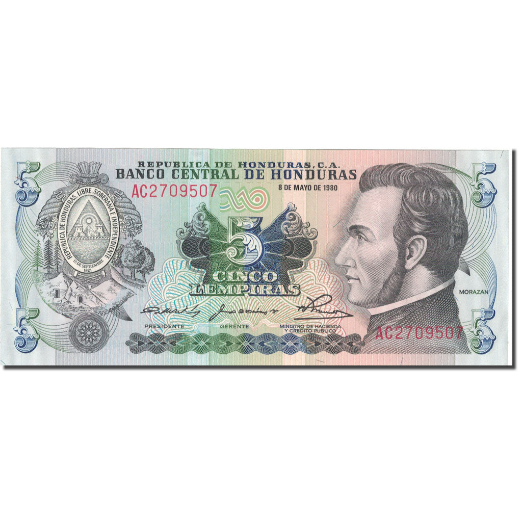 Banknot, Honduras, 5 Lempiras, 1980, 1980-05-08, KM:63a, UNC(65-70)