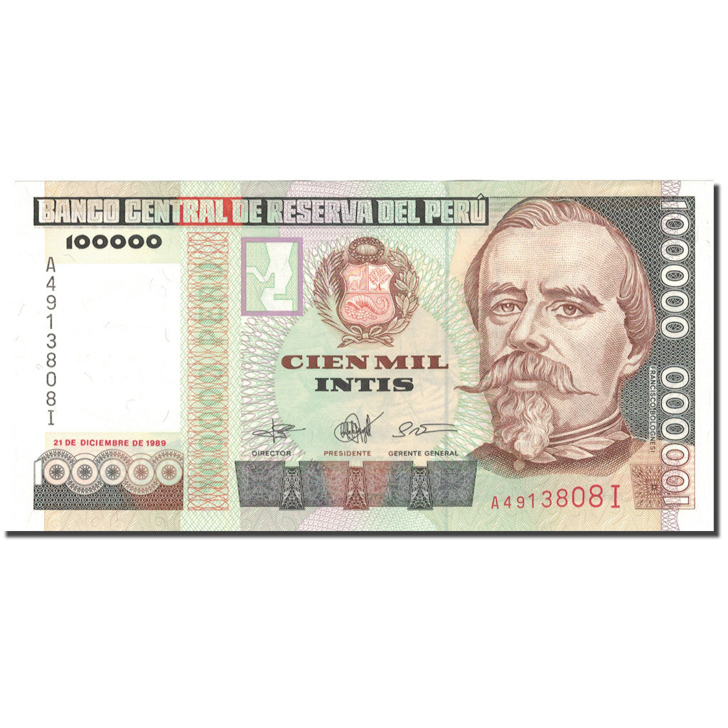 Banknote, Peru, 100,000 Intis, 1989, 1989-12-21, KM:145, UNC(65-70)