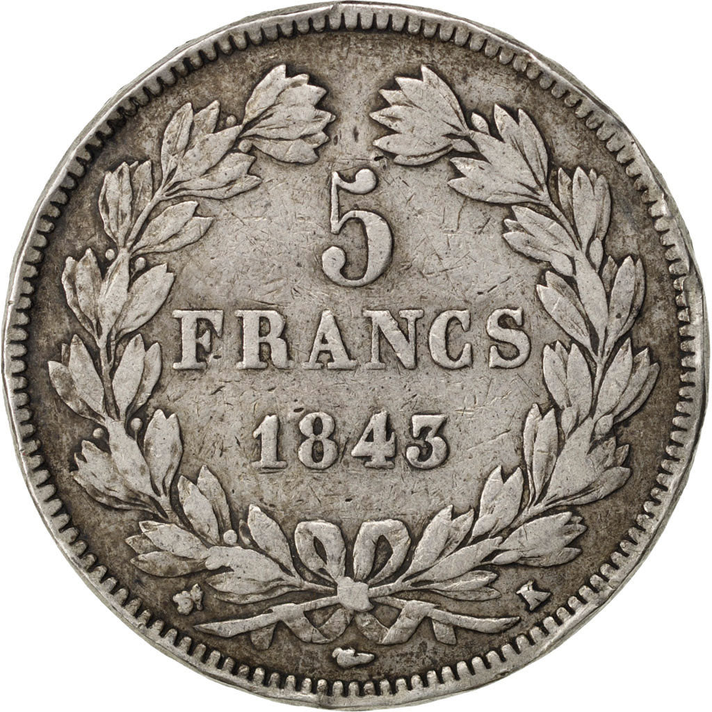 FRANCE, Louis-Philippe, 5 Francs, 1843, Bordeaux, KM #749.7, VF(30-35), Silver,.