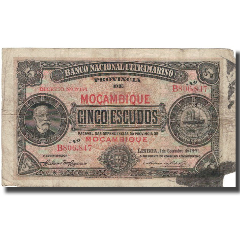 Biljet, Mozambique, 5 Escudos, 1941, 1941-09-01, KM:83a, TB+
