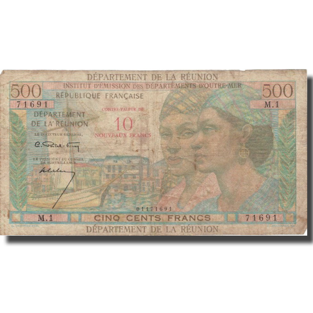 Réunion, 10 Nouveaux Francs on 500 Francs, Undated (1967), VF(20-25), KM:54b