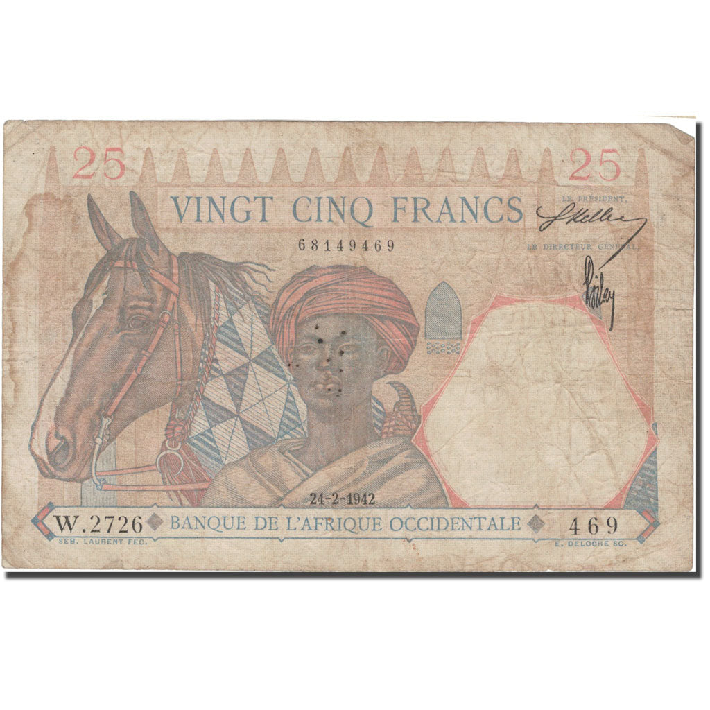 Banknot, Francuska Afryka Zachodnia, 25 Francs, 1942, 1942-02-24, KM:27