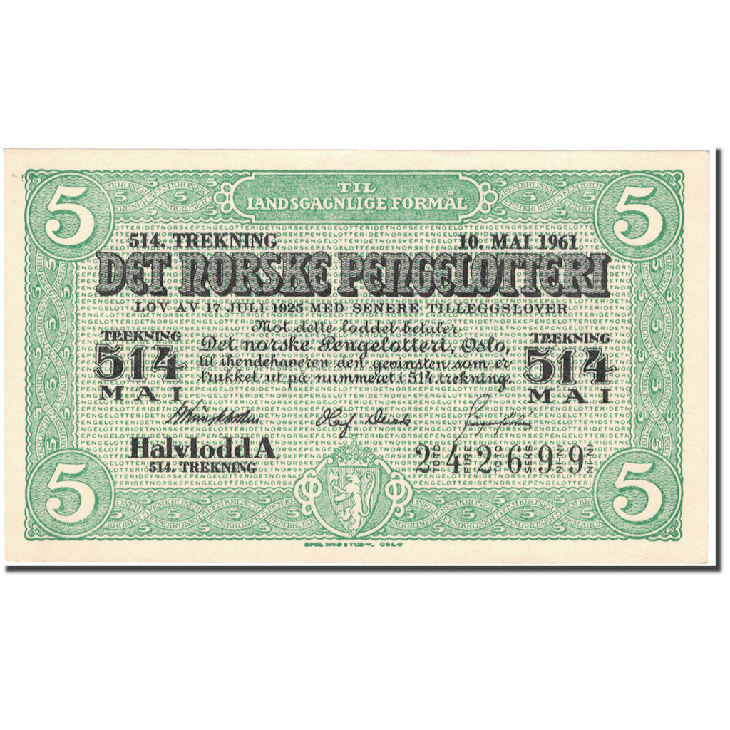 Banknote, Norway, 5 Kronor, Blason, 1961, 1961-05-10, AU(50-53)