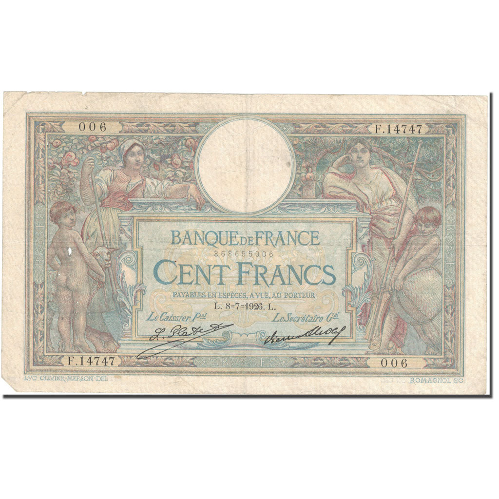 France, 100 Francs, Luc Olivier Merson, 1926, 1926-08-07, VF(30-35)