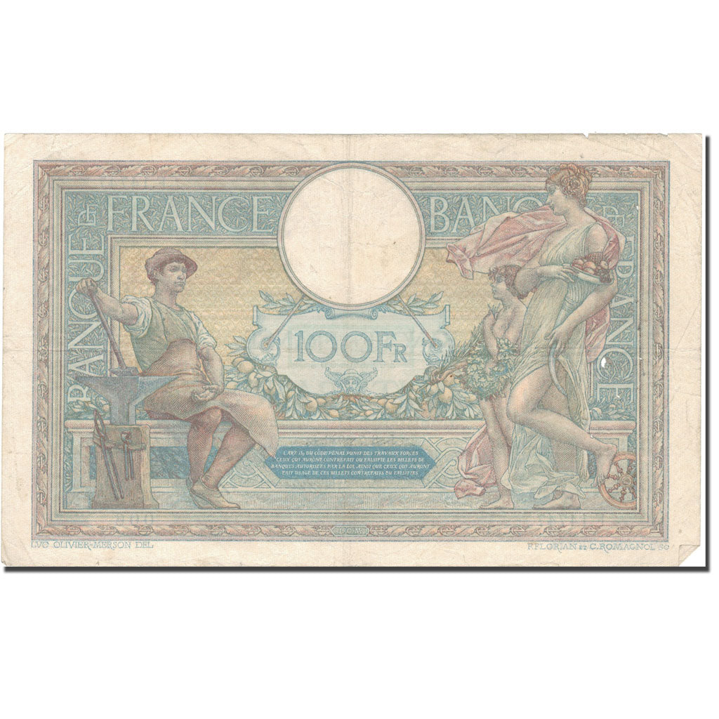 France, 100 Francs, Luc Olivier Merson, 1926, 1926-08-07, VF(30-35)