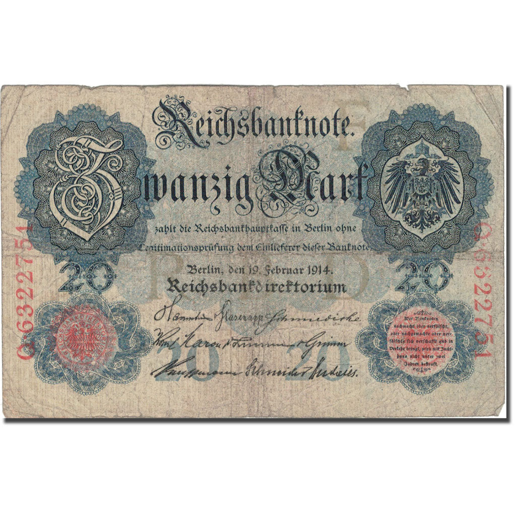 Banknot, Niemcy, 20 Mark, 1914, KM:48b, VF(20-25)
