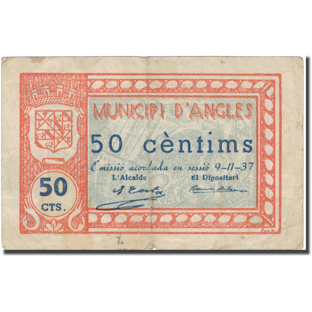Biljet, Spanje, ANGLES, 50 Centimes, Blason, 1937, 1937, TB