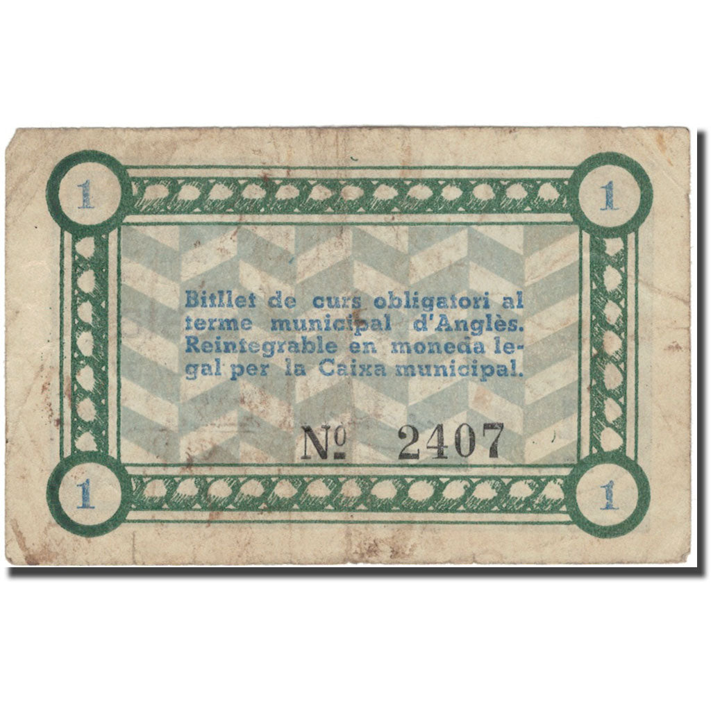 Banknote, Spain, ANGLES, 1 Peseta, Blason, 1937, 1937, VF(30-35)
