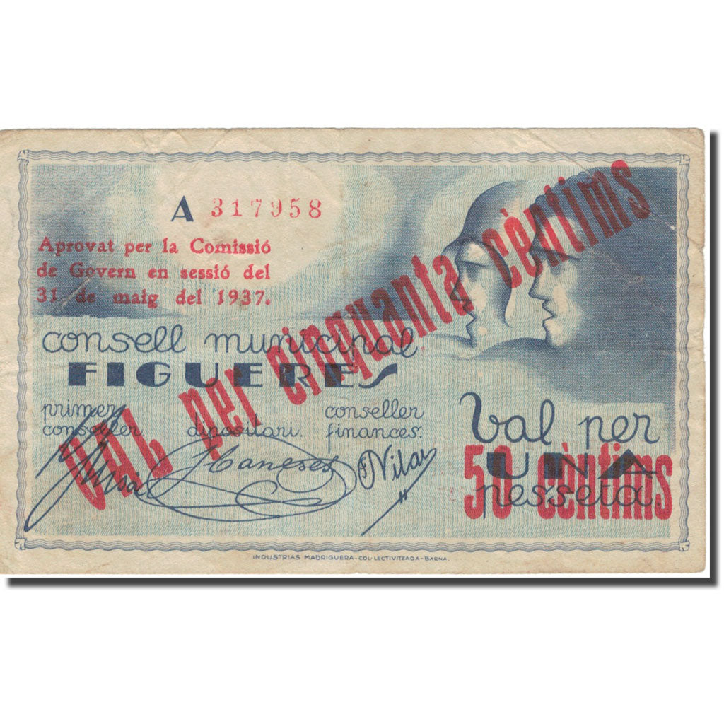 Banconote, Spagna, FIGUERES, 50 Centimes, personnage, 1937, 1937, MB+