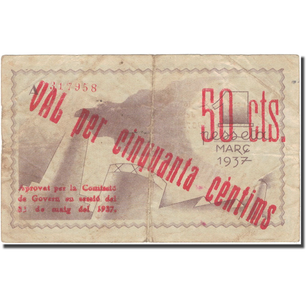 Banconote, Spagna, FIGUERES, 50 Centimes, personnage, 1937, 1937, MB+