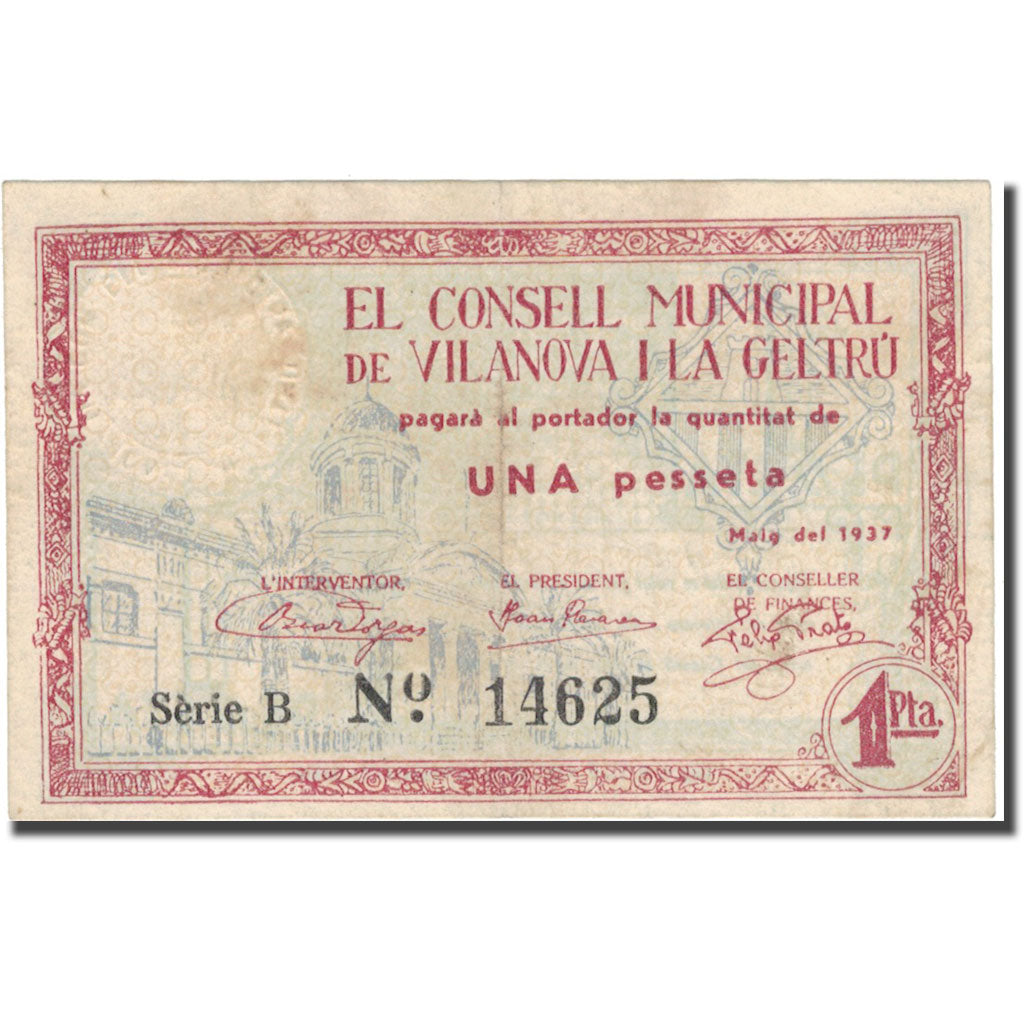 Banknote, Spain, VILANOVA I LA GELTRO, 1 Peseta, Monument, 1937, 1937, EF(40-45)