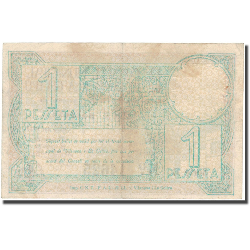 Banknote, Spain, VILANOVA I LA GELTRO, 1 Peseta, Monument, 1937, 1937, EF(40-45)