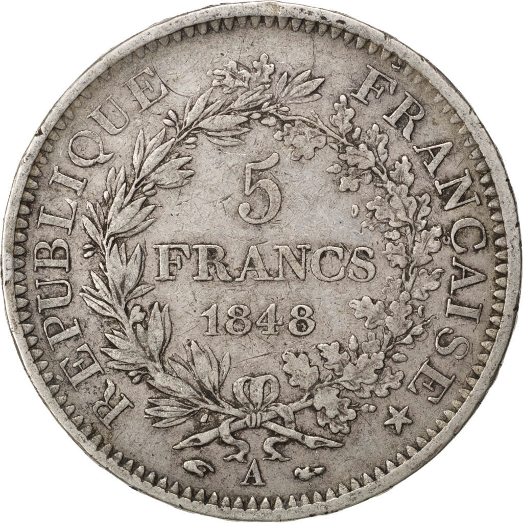 FRANCE, Hercule, 5 Francs, 1848, Paris, KM #756.1, VF(30-35), Silver, Gadoury...