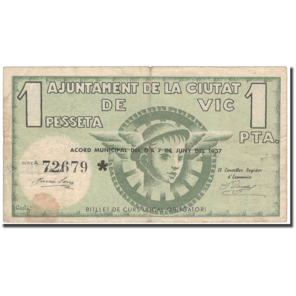 Banknote, Spain, CIUTAT DE VIC, 1 Peseta, personnage, 1937, 1937, VF(30-35)