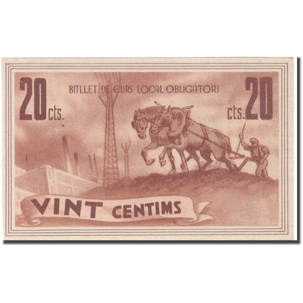 Banknote, Spain, POBLA DE SEGUR, 20 Centimes, métier, 1937, 1937, UNC(65-70)