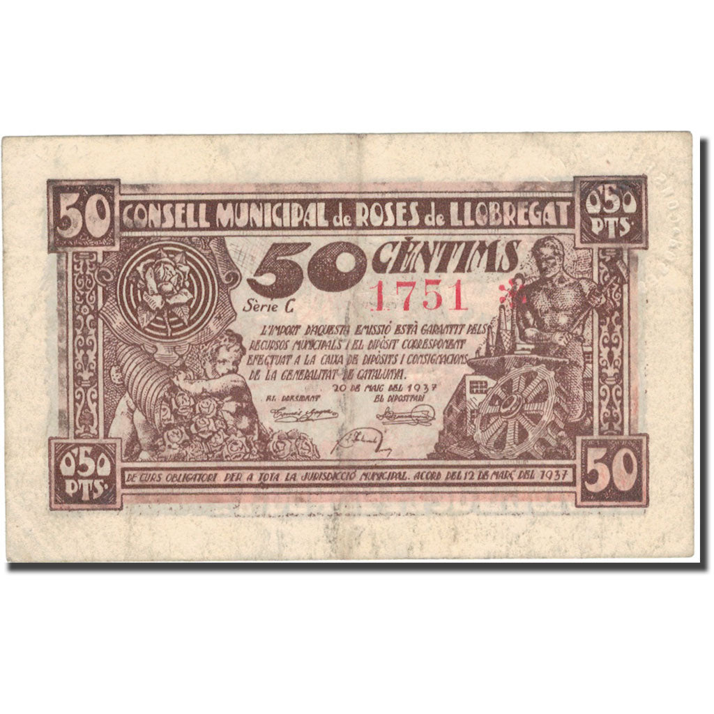 Banconote, Spagna, LLOBREGA, 50 Centimes, corne d'abondance, 1937, 1937, BB