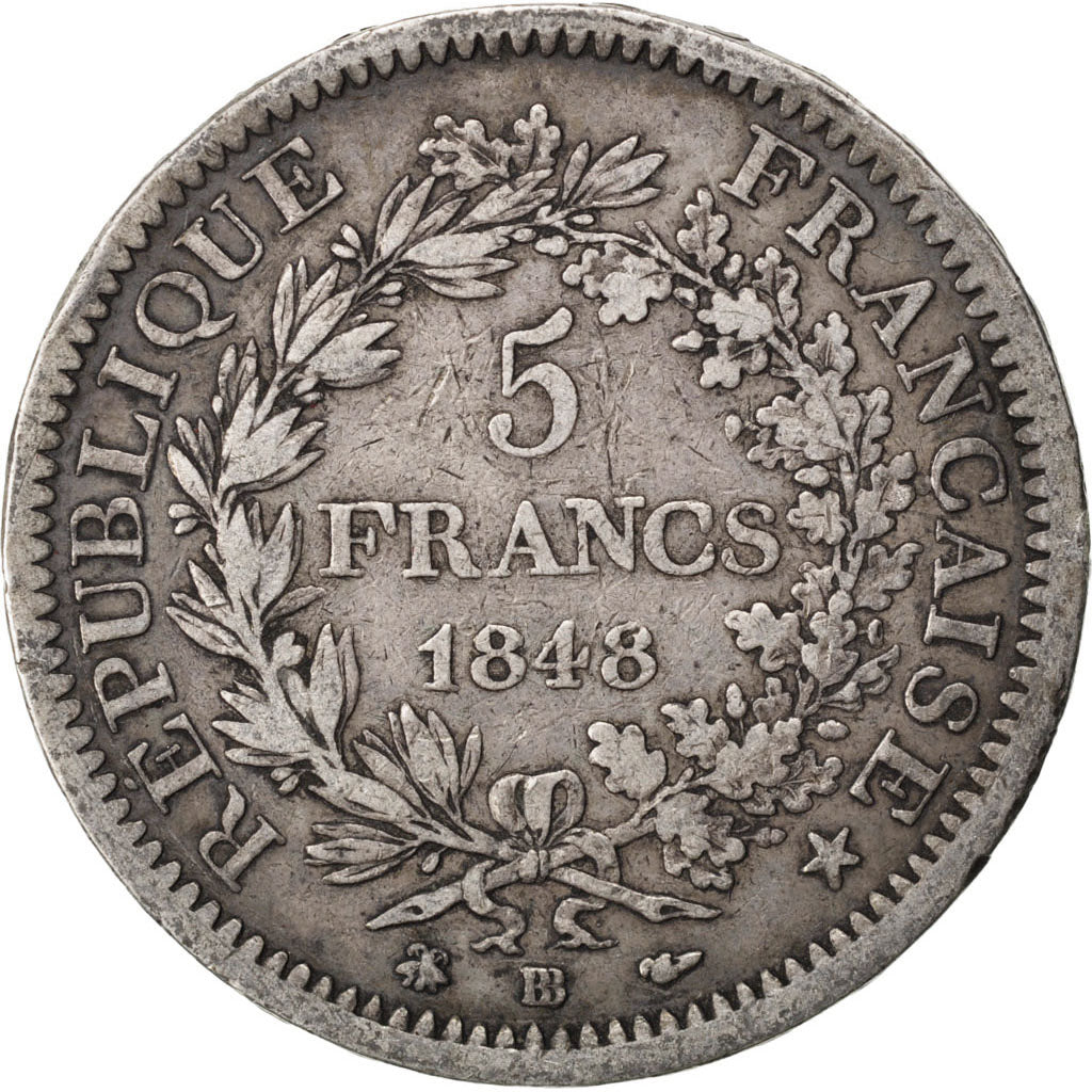 Francia, Hercule, 5 Francs, 1848, Strasbourg, MB, Argento, KM:756.2, Gadoury:683