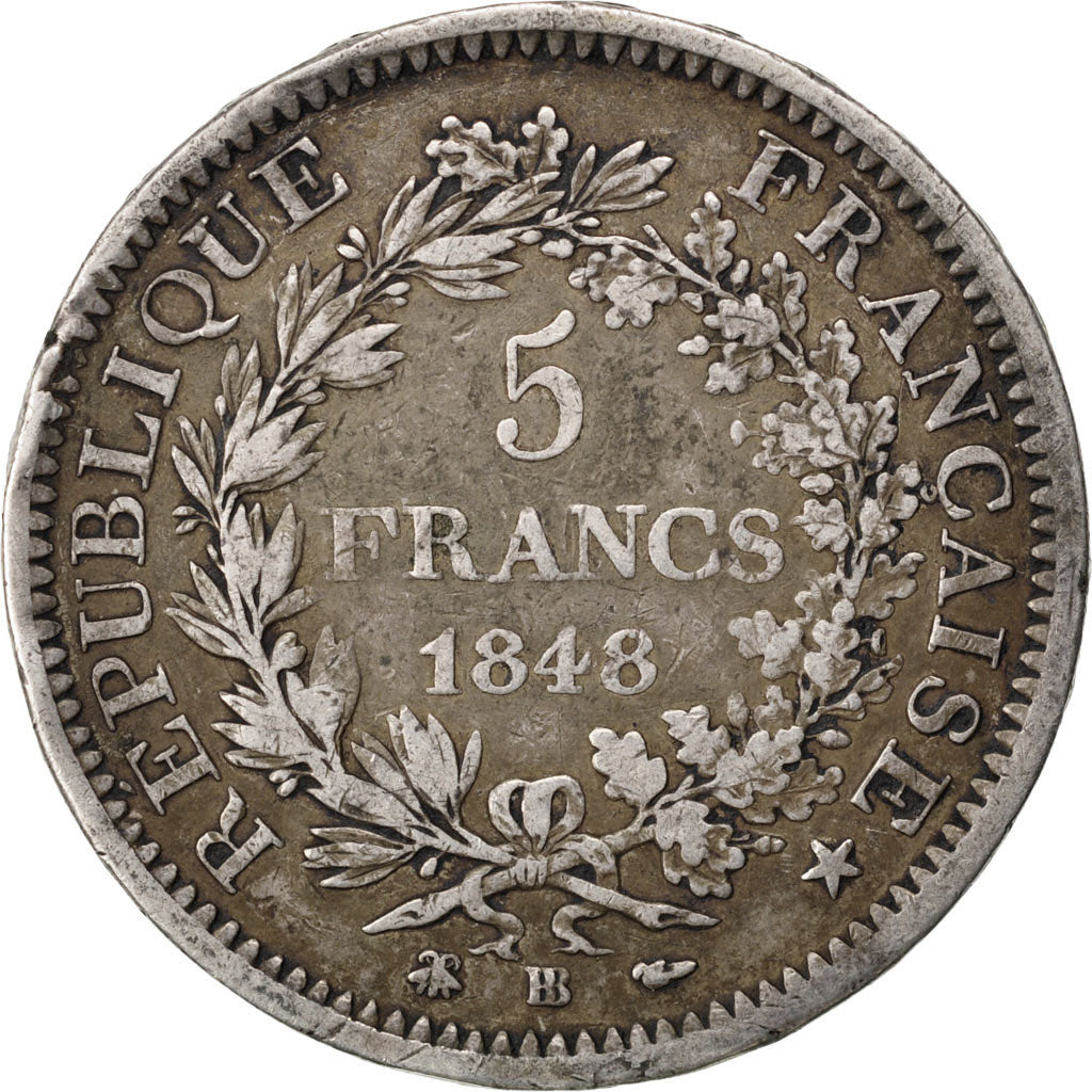 FRANCE, Hercule, 5 Francs, 1848, Strasbourg, KM #756.2, VF(30-35), Silver,...
