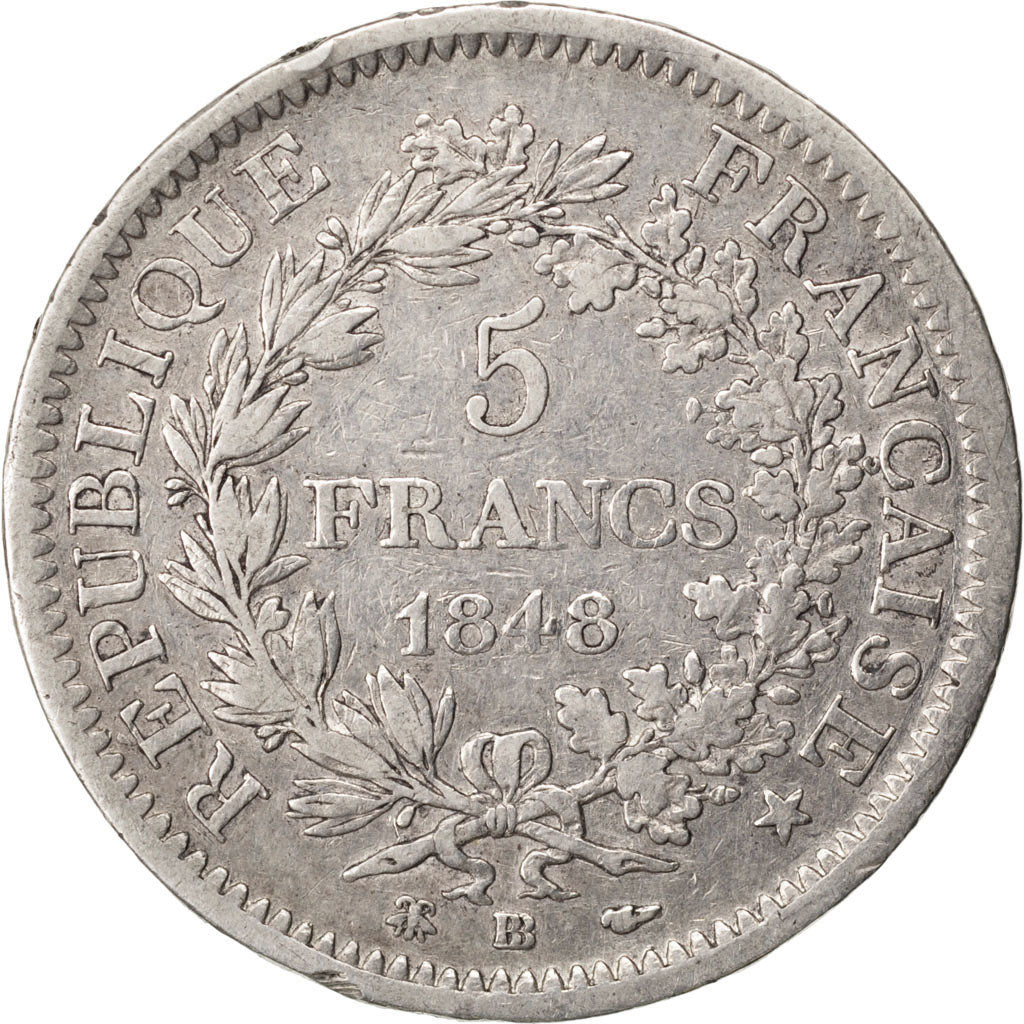 FRANCE, Hercule, 5 Francs, 1848, Strasbourg, KM #756.2, EF(40-45), Silver,...