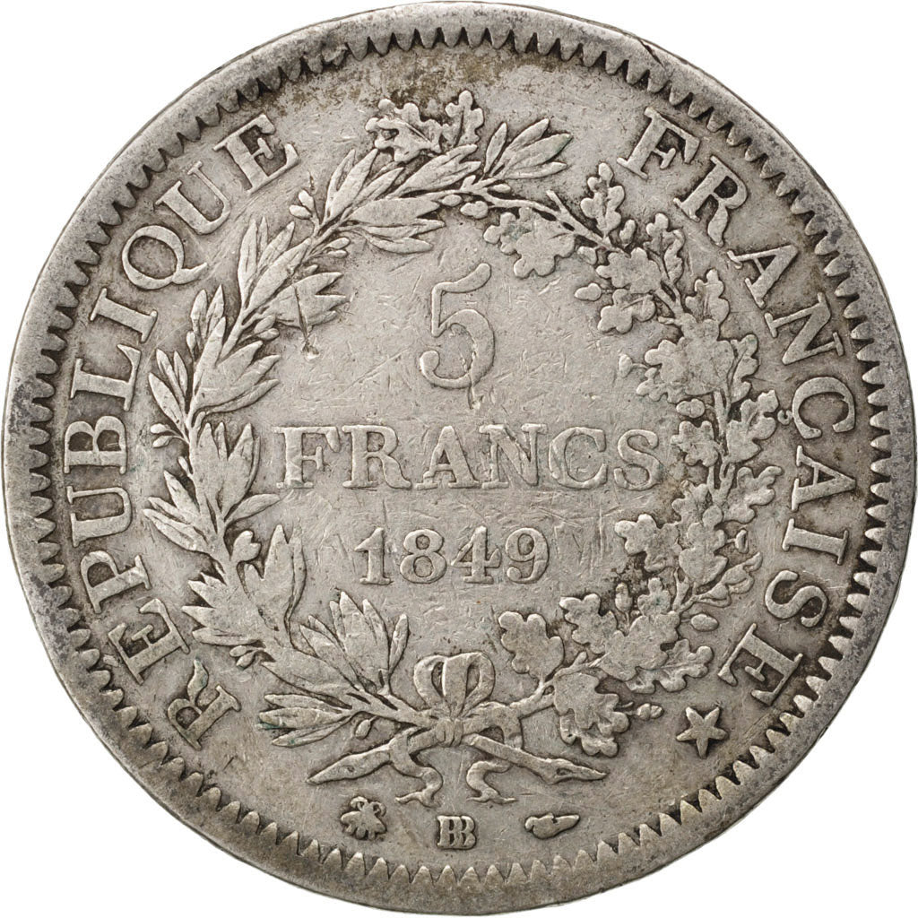 FRANCE, Hercule, 5 Francs, 1849, Strasbourg, KM #756.2, VF(20-25), Silver,...