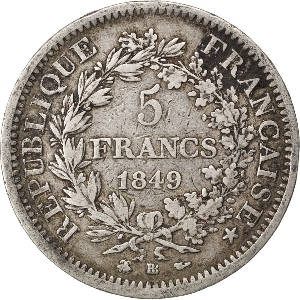 FRANCE, Hercule, 5 Francs, 1849, Strasbourg, KM #756.2, VF(20-25), Silver,...