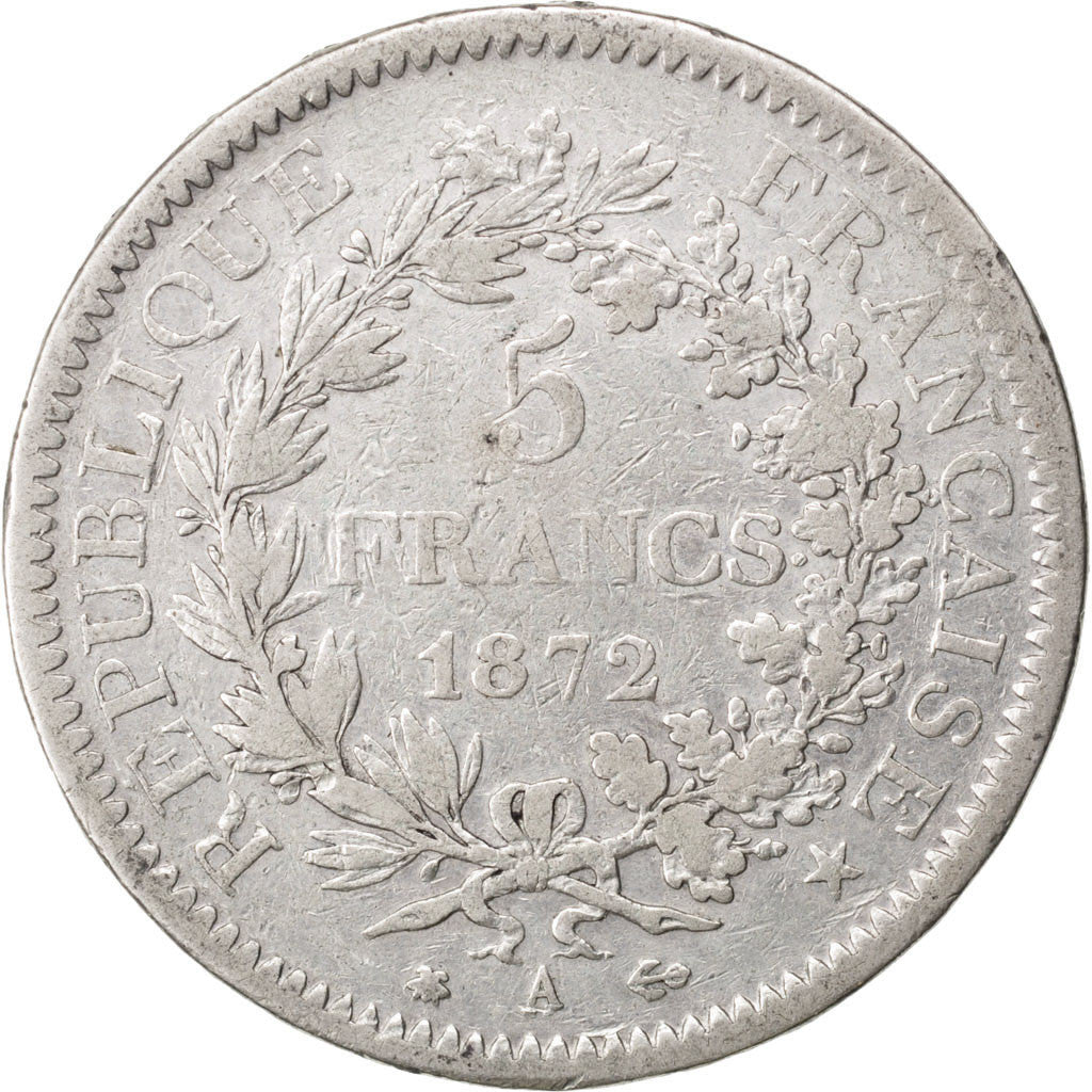 FRANCE, Hercule, 5 Francs, 1872, Paris, KM #820.1, VF(20-25), Silver, Gadoury...