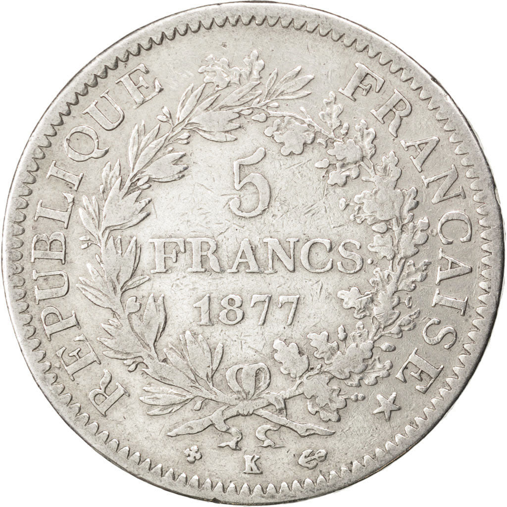 FRANCE, Hercule, 5 Francs, 1877, Bordeaux, KM #820.2, VF(20-25), Silver,...
