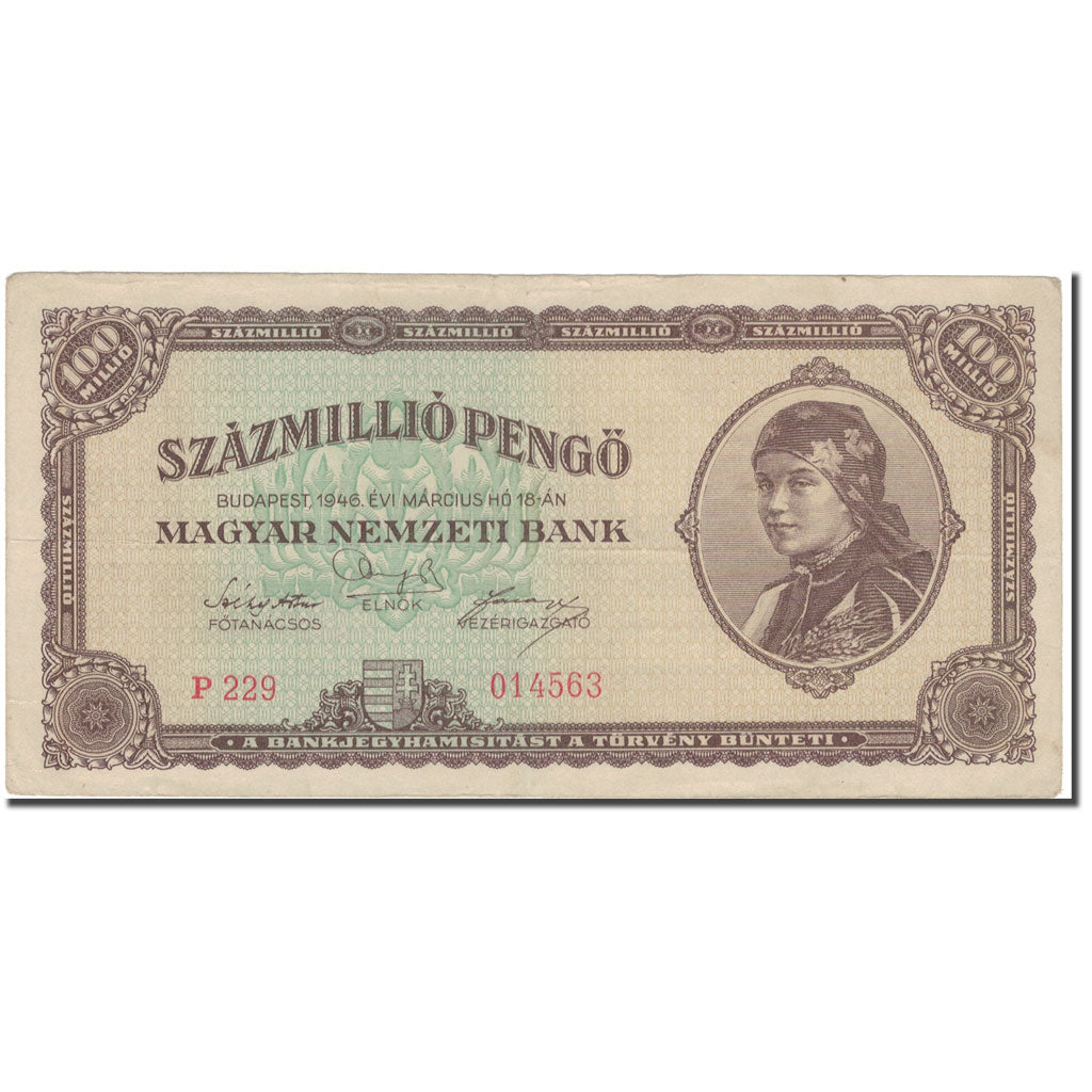 Nota, Hungria, 100,000,000 Pengö, 1946, 1946-03-18, KM:124, VF(30-35)