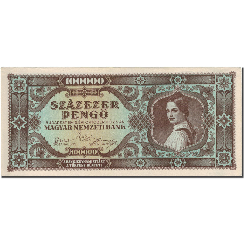 Billet, Hongrie, 100,000 Pengö, 1945, 1945-10-23, KM:121a, TTB+